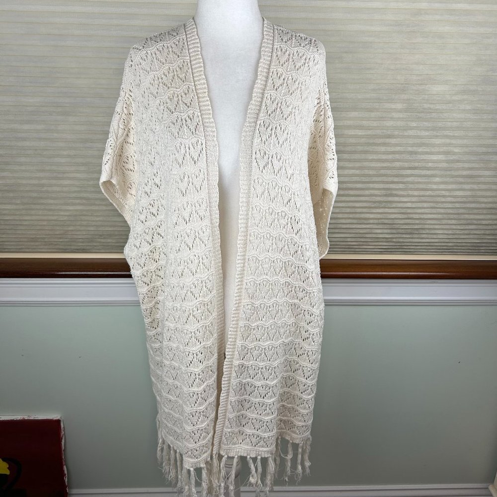 LA Hearts Cotton Linen Crochet Open Knit Open Front Longline Fringed Cardigan